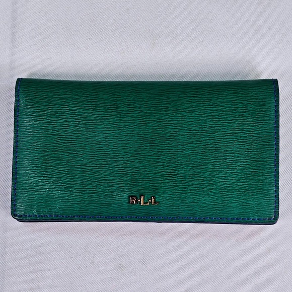 Lauren Ralph Lauren Handbags - Lauren Ralph Lauren Green Textured Leather Slim Bifold Wallet Blue Stitching